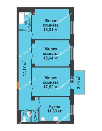 3 комнатная квартира 87,34 м² в ЖК Ясный, дом № 10
