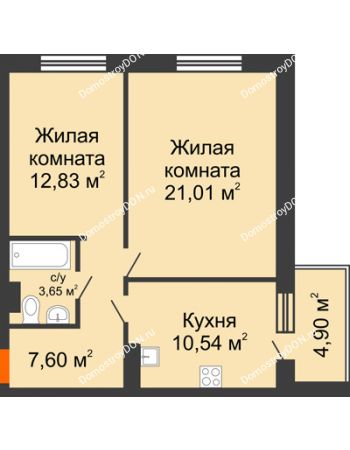 2 комнатная квартира 60,53 м² в ЖК Гвардейский 3.0, дом Секция 3