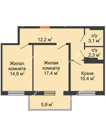 2 комнатная квартира 61,4 м² - ЖД На Комсомольском