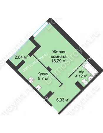 1 комнатная квартира 41,28 м² в ЖК На Вятской, дом № 3 (по генплану)