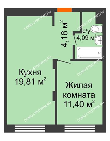 1 комнатная квартира 39,48 м² - ЖК КМ Молодежный, 76