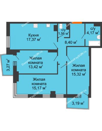 3 комнатная квартира 78,01 м² в ЖК Сердце Ростова 2, дом Литер 4