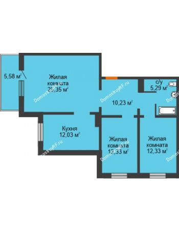 3 комнатная квартира 79,23 м² в ЖК Иннoкeнтьeвcкий, дом № 4