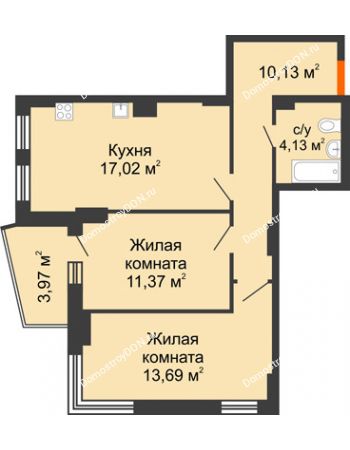 2 комнатная квартира 58,48 м² в ЖК Город у реки, дом Литер 7