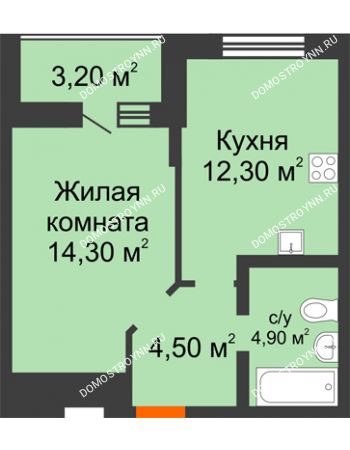1 комнатная квартира 39,2 м² в ЖК Подкова на Цветочной, дом № 9
