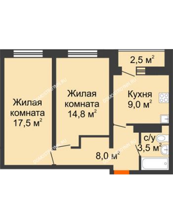2 комнатная квартира 54,05 м² в ЖК Корабли, дом № 54