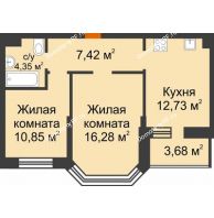 2 комнатная квартира 53,47 м² в ЖК Светлоград, дом Литер 16 - планировка