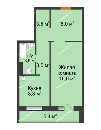 1 комнатная квартира 46,5 м² в ЖК Апрелевка, дом № 2, строение 1