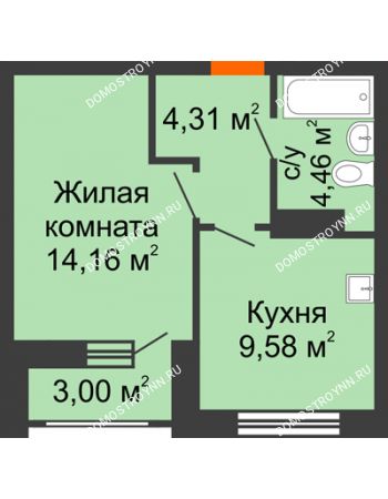 1 комнатная квартира 34,01 м² - ЖД по ул. Сухопутная
