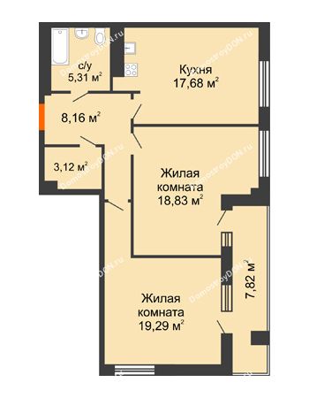 2 комнатная квартира 76,3 м² - ЖК Кристалл 2
