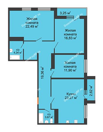 3 комнатная квартира 76,91 м² в ЖК Рекорд, дом № 90/2, блок 1,2