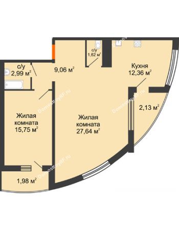 2 комнатная квартира 62,33 м² в ЖК Фамилия, дом Литер 1