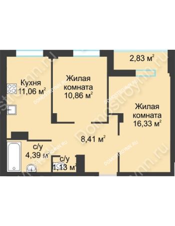 2 комнатная квартира 55,14 м² в ЖК На Вятской, дом № 3 (по генплану)