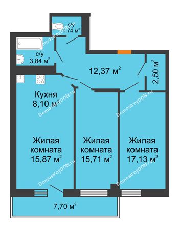 3 комнатная квартира 79,57 м² в ЖК Сокол на Оганова, дом Литер 1