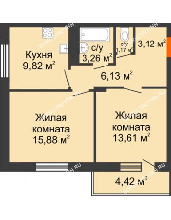 2 комнатная квартира 55,2 м² в ЖК Циолковский, дом № 6