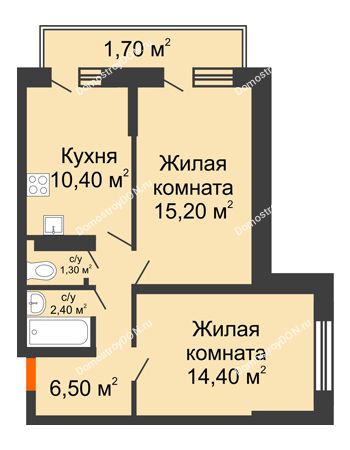 2 комнатная квартира 51,9 м² в ЖК SkyPark (Скайпарк), дом Литер 1, корпус 1, 2 этап