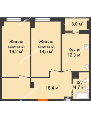 2 комнатная квартира 74,3 м² в ЖК Квартет, дом № 3