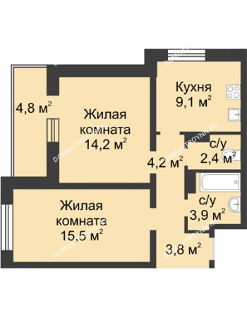 2 комнатная квартира 55,5 м² в ЖК Аквамарин, дом №8