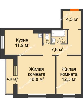 2 комнатная квартира 60,7 м² в ЖК Курчатова, дом № 10.1