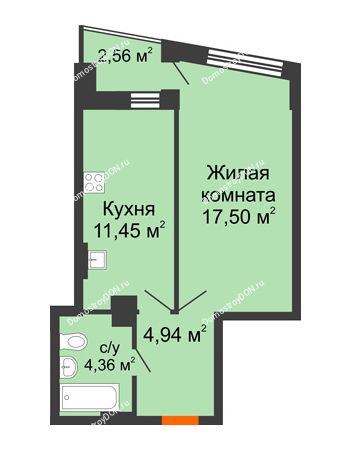 1 комнатная квартира 39,53 м² в ЖК Рубин, дом Литер 3