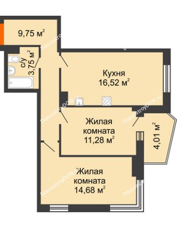 2 комнатная квартира 58,29 м² в ЖК Сердце Ростова 2, дом Литер 1